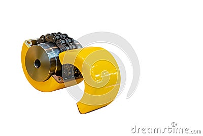 New flexible chain coupling for transmission power in industrial work two-strand roller chains around two sprockets type Stock Photo