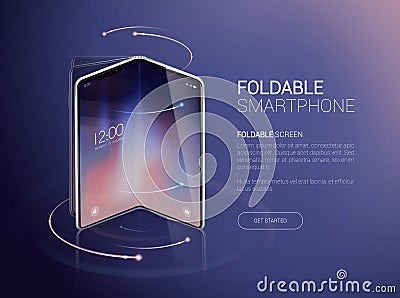 New foldable smartphone concept, prototype with advertisment background and fold, flexible screen. Mobile with background and fold Stock Photo