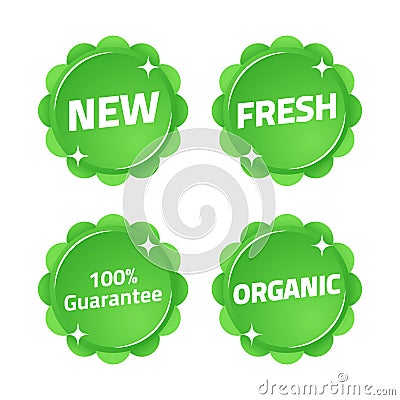 New fresh organic guarantee green product item badge set Vector Illustration