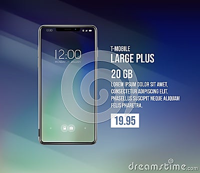 New front smartphone, phone plans concept prototype with advertisment background. Mobile with background and hour screen. Mockup Vector Illustration