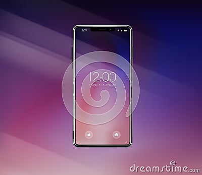 New front smartphone, phone prototype with advertisment background. Mobile with background and hour screen. Mockup model for add, Vector Illustration