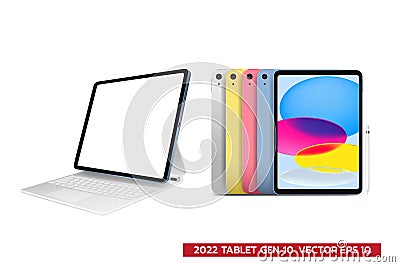 New generation 2022 tablet, Mock up of popular tablet gen 10 front view and blank display ,realistic vector illustration on white Vector Illustration