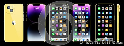 New gold Iphone 14. Apple inc. smartphone with ios 14. Locked screen, phone navigation page, home page with 47 popular apps. Vector Illustration
