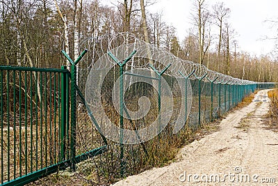 A new green metal mesh fence with coiled barbed wire and gate around the restricted area Stock Photo