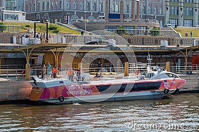 Nizhny Novgorod, Russia, July 6, 2023. Hydrofoil Meteor at the pier. Editorial Stock Photo