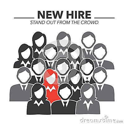 New Hire Button Portraying Different People with Men and Women in Suits and One Person Standing Out as the Person who got Hired Vector Illustration