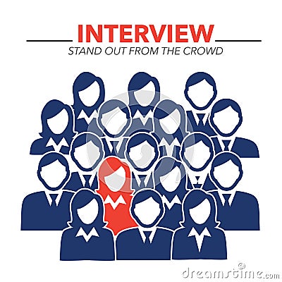 New Hire Button Portraying Different People with Men and Women in Suits and One Person Standing Out as the Person who got Hired Vector Illustration