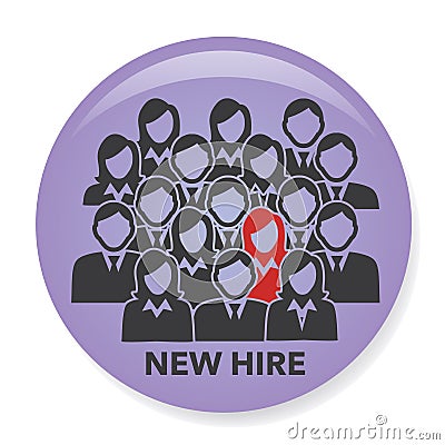 New Hire Button Portraying Different People with Men and Women in Suits and One Person Standing Out as the Person who got Hired Vector Illustration