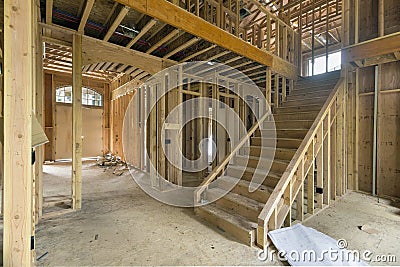 New Home Construction Framing Foyer Area Stock Photo