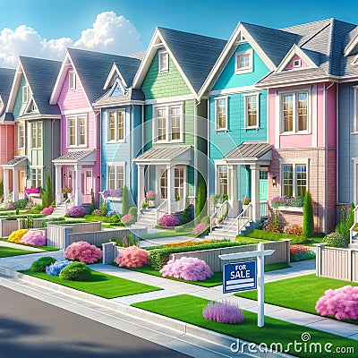 New Home House Construction Subdivision Row Pastel Colors For Sale AI Generated Stock Photo