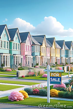 New Home House Construction Subdivision Row Pastel Colors For Sale AI Generated Stock Photo