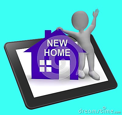 New Home House Tablet Shows Buying Property And Moving In Stock Photo