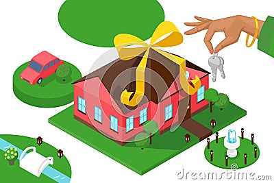 New home keys, isometric presentation, vector illustration. Geometric house, car and lawn, real estate advertisement Vector Illustration