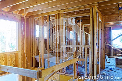 A new home under construction interior inside house frame Stock Photo