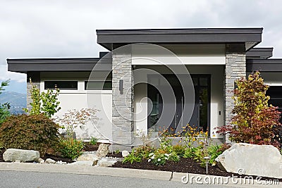 New House Modern Home Mansion Gray Rock Exterior Street Elevation Stock Photo