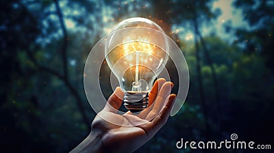 A new idea concept captured with a bright lightbulb standing upright in a human palm, Ai Generated Stock Photo