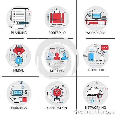 New Idea Generation Light Bulb Business Workplace Meeting Icon Set Earnings Cooperation Planning Vector Illustration