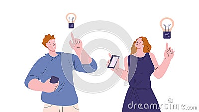 New idea vector concept. Happy teens hold smartphones, social media business starting ideas. People think, successful Vector Illustration