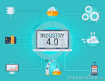 New Industrial Revolution. Industry 4.0 banner: smart industrial revolution, automation, robot assistants, iot, cloud and bigdata. Stock Photo