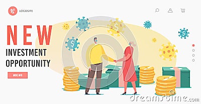 New Investment Opportunity Landing Page Template. Tiny Characters in Masks Hold Hands at Huge Piles of Coins and Bills Vector Illustration