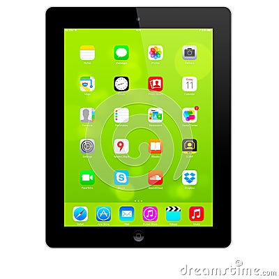 New iOS 7.1.2 homescreen on an black iPad display Editorial Stock Photo