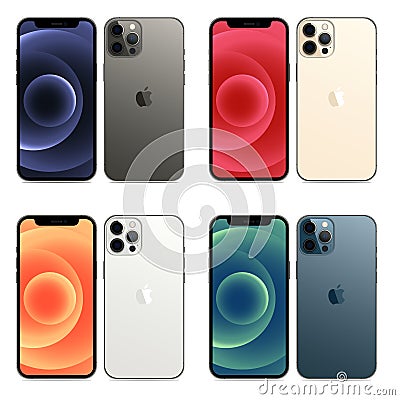 New iPhone 12 pro / pro max in four colors Graphite, Pacific Blue, Silver, Gold by Apple Inc. Screen iphone and back side iphone Vector Illustration