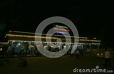 New Jalpaiguri Railway station colourfully lit at night Editorial Stock Photo