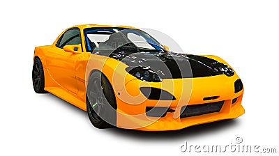 New Japanese tuned yellow sports car. White background. Editorial Stock Photo