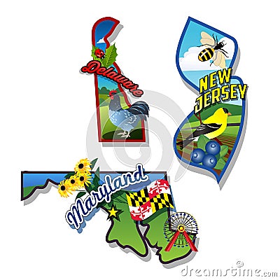 New Jersey, Delaware, Maryland retro state facts Illustrations Vector Illustration