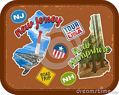 New Jersey, New Hampshire travel stickers with scenic attractions Stock Photo