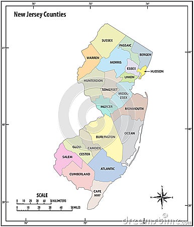 New jersey state outline administrative and political vector map in color Vector Illustration