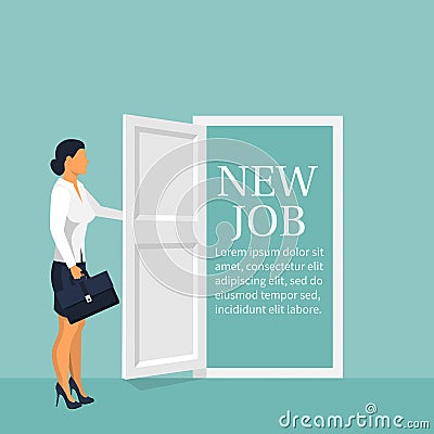 New job concept. Woman opens door looking for work Vector Illustration