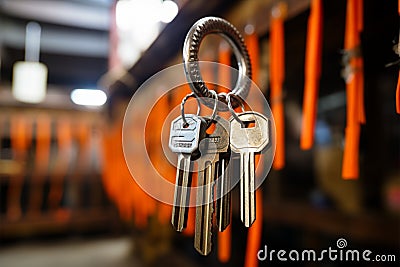 New key hung up in a locksmith shop, close up display Stock Photo