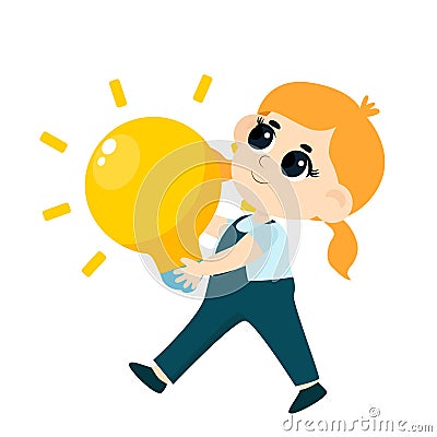 A cute little girl is holding a big light bulb in her hands as a symbol of an idea. Cartoon illustration. Vector Illustration