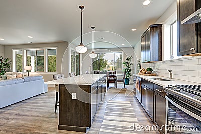 New kitchen boasts dark wood cabinets, large island Stock Photo