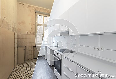 New kitchen before and after renovation - white kitchen, Stock Photo