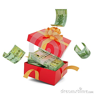 New Lebanese pound notes inside an open red gift box. Lebanese pounds inside and flying around a gift box. money inside box Stock Photo