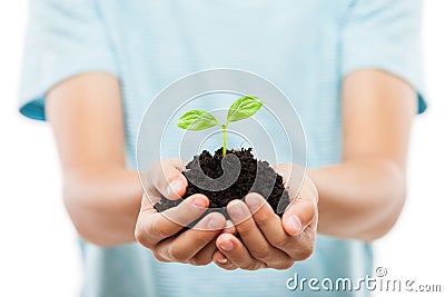 Human hand holding green sprout leaf growth at dirt soil Stock Photo