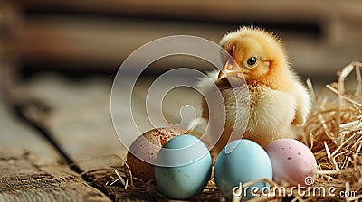 New life emerges amidst Easter celebrations a newborn chick gazes out from a nest of painted eggs. Copy space Stock Photo