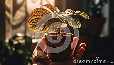 New life grows indoors as hand holds potted plant seedling generated by AI Stock Photo