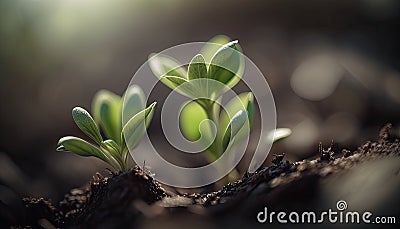 New life in spring. Plant sprout seedling. Growing green tree in soil. Stock Photo