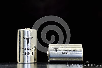 New 4680 lithium ion battery cell for EVs Tesla, . St. Petersburg, Russia, January 9, 2022. Editorial Stock Photo