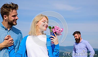 New love. Ex partner watching girl starts happy love relations. Couple in love dating outdoor sunny day, sky background Stock Photo