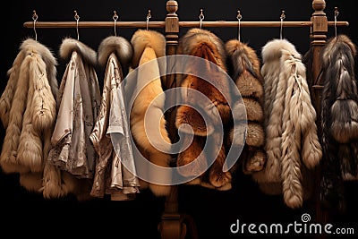 New luxurious fur coats and stoles hanging at storefront. Generative AI Stock Photo
