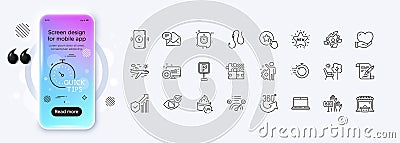 New mail, Volunteer and Puzzle game line icons for web app. Pictogram icon. Phone mockup gradient screen. Vector Vector Illustration