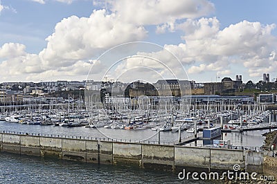 The new Marina at Brest, full of Yachts and Motorboats all moored neatly against their individual floating Pontoons. Editorial Stock Photo