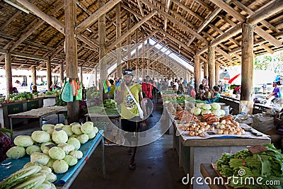 Tropical vegetables and fruits at market hall in Rabaul, Papua New Guinea Editorial Stock Photo