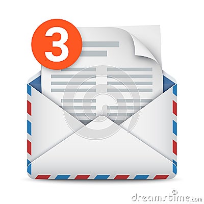 New message notification, three incoming messages, mail or email icon. Opened envelope with letter and message counter Vector Illustration
