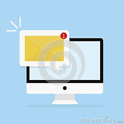 New message on persolal computer on blue background blue screen sms cocial media application mailbox mail. Flat design Vector Illustration