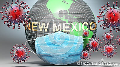 New mexico and covid - Earth globe protected with a blue mask against attacking corona viruses to show the relation between New Cartoon Illustration